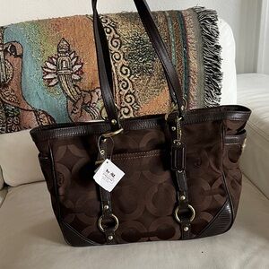 Coach Op Art Sateen Signature Brown Tote Bag